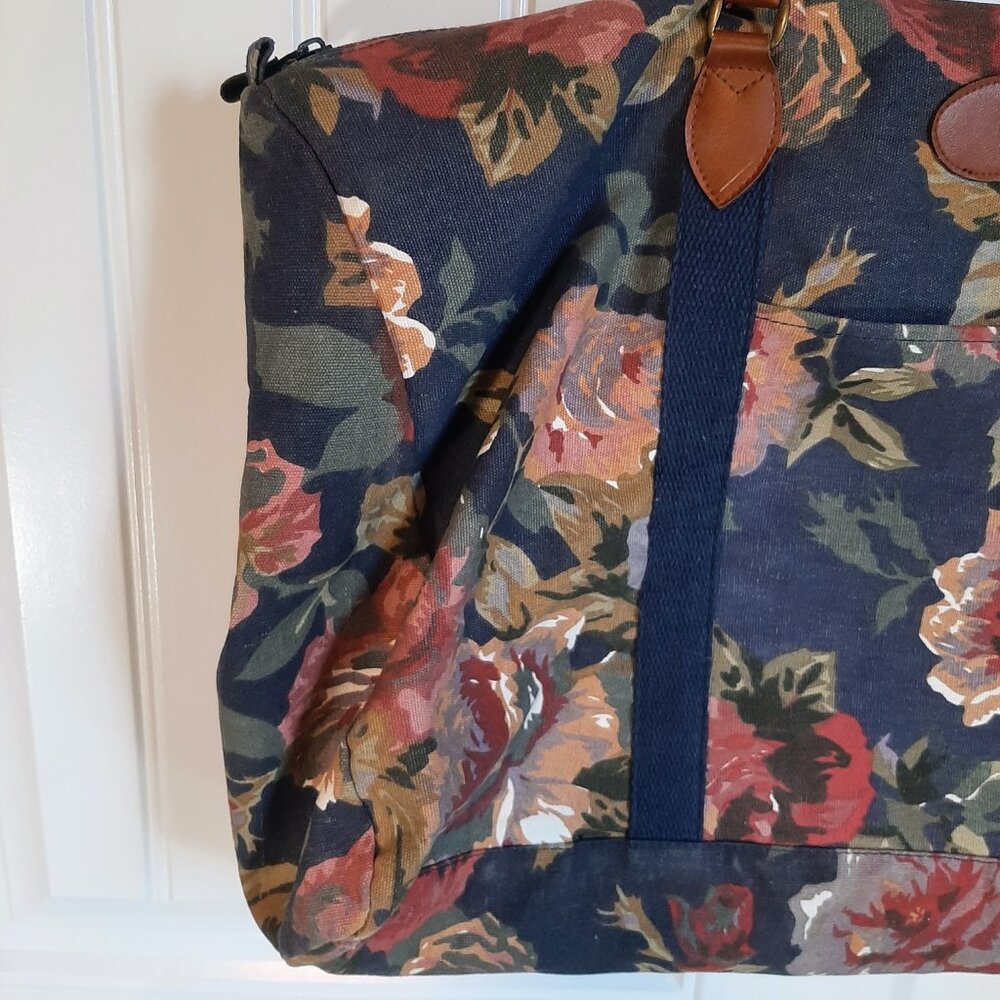 VTG Gitano 80's/90's Navy Floral Cotton Canvas Duffle Weekender Bag - Picture 3 of 16